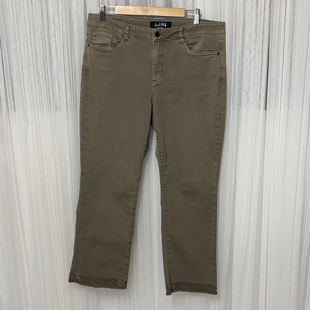 Joseph Ribkoff Ankle/Crop Pant Frayed Hem Iron-on Details! Army Green Denim